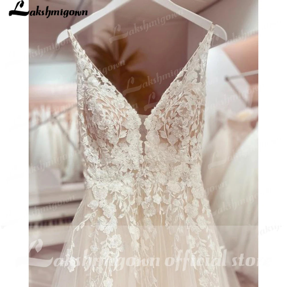 Custom Boho Wedding Dress A Line Open Back V Neck Tulle Lace Bridal Gown