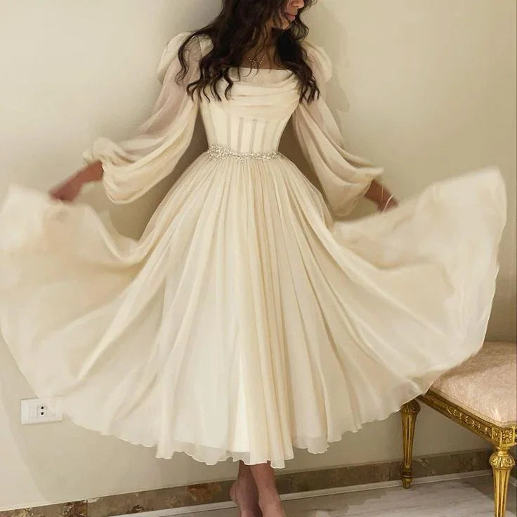 Robe de soirée arabe midi courte beige avec ceinture, manches longues, longueur thé, robes formelles pour femmes, mariage, fête Y4847