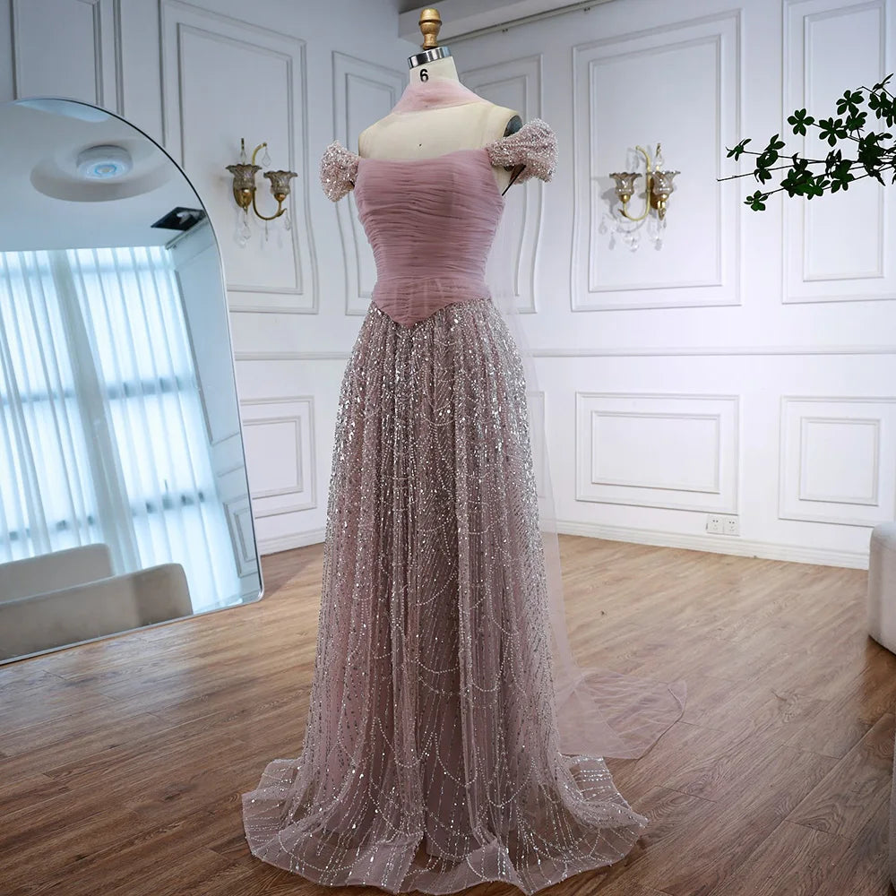 Vestido de Noite de Luxo com Pérolas Cor-de-Rosa Árabes Engastadas e Capa LA72922