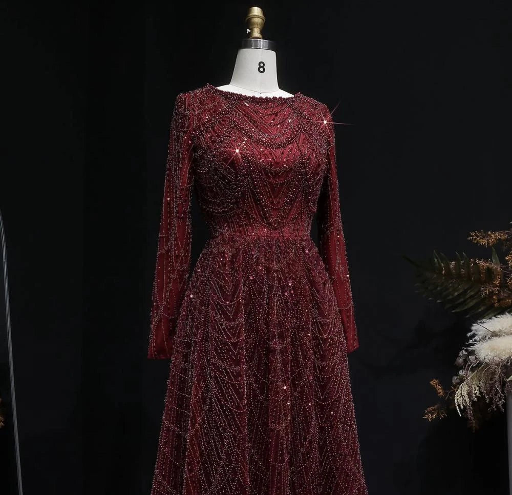 Contessa Custom formal gown elegant beaded tulle evening dress long sleeve boat neck floor length A line glam sparkly prom party