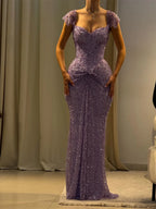 Vestido de fiesta largo hasta el suelo para noche formal, sirena, morado personalizado de lujo con pedrería, escote barco, vestido de novia Cathy