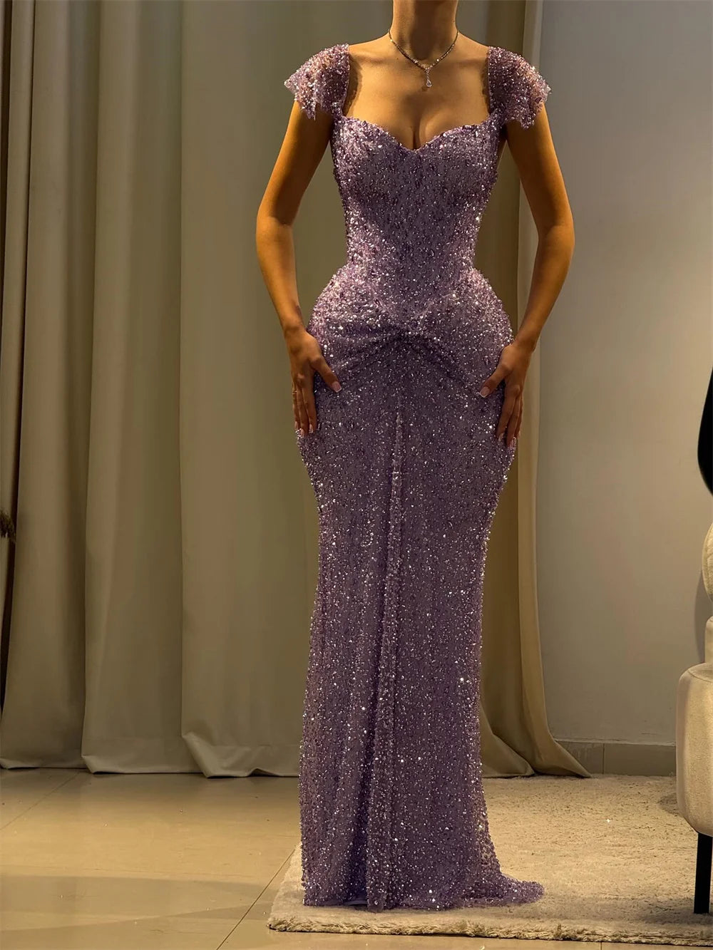 Vestido de fiesta largo hasta el suelo para noche formal, sirena, morado personalizado de lujo con pedrería, escote barco, vestido de novia Cathy