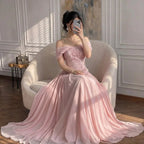 Pink Chiffon Evening Dress Off Shoulder Cape Back Formal Party Gown 2026