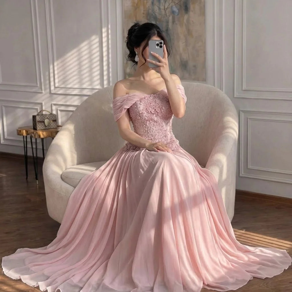 Pink Chiffon Evening Dress Off Shoulder Cape Back Formal Party Gown 2026