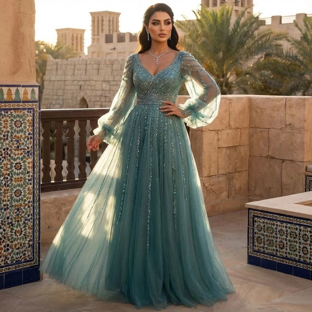 Serene Hill Customized Navy Long Sleeve Beaded Arabic Evening Dress