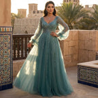 Serene Hill Customized Navy Long Sleeve Beaded Arabic Evening Dress
