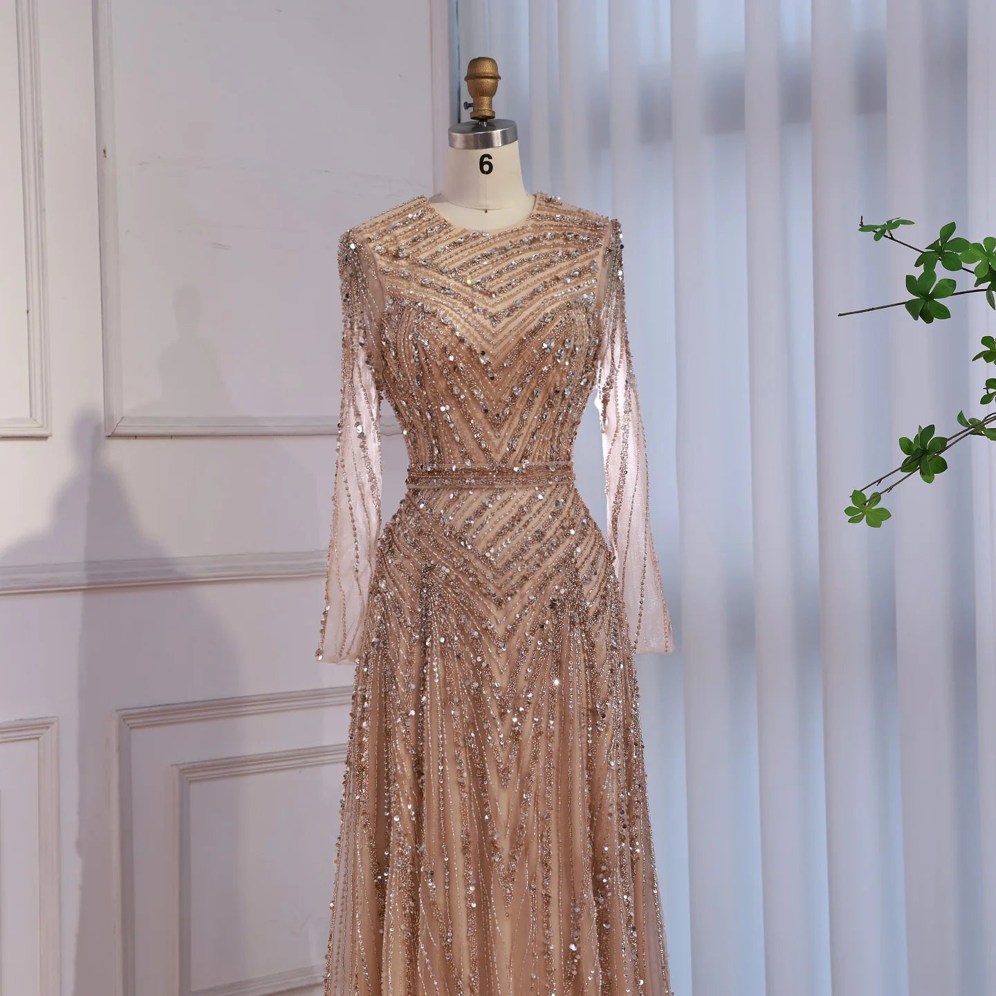Custom Nude Crew Neck Beaded A Line Evening Dress For Women