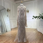 Customized Gray Mermaid Evening Dress With Cape Sleeve Beaded Gown