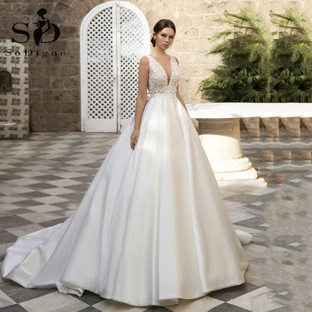 SoDigne Custom A Line V Neck Satin Country Wedding Dress With Appliques