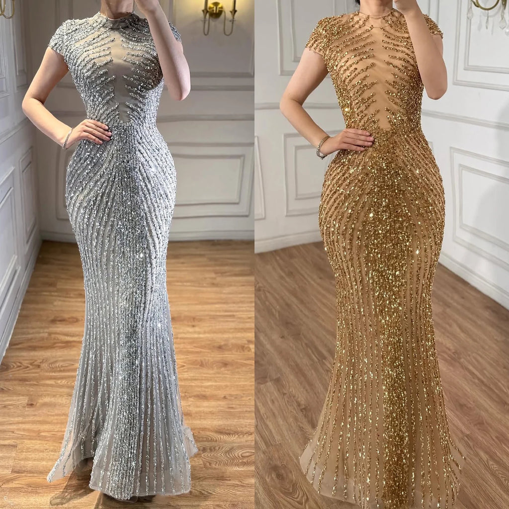Silver Beaded Mermaid Evening Dress High Neck Cap Sleeve Custom Party Gown