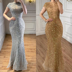 Silver Beaded Mermaid Evening Dress High Neck Cap Sleeve Custom Party Gown