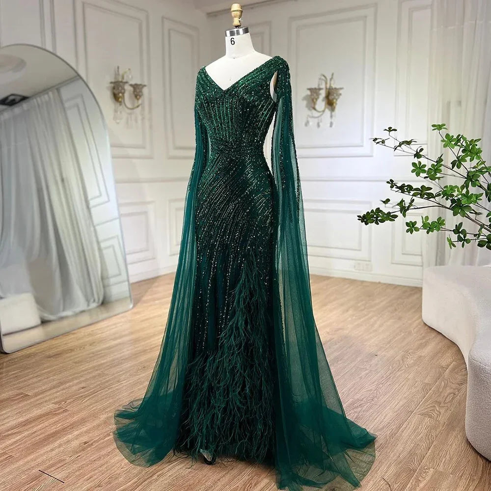 Custom Black Mermaid Evening Dress With Cape Sleeves And Beaded Feathers