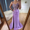 Classy Navy Satin Prom Dress with Lace Beaded and Slit LA73003