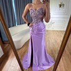 Classy Navy Satin Prom Dress with Lace Beaded and Slit LA73003