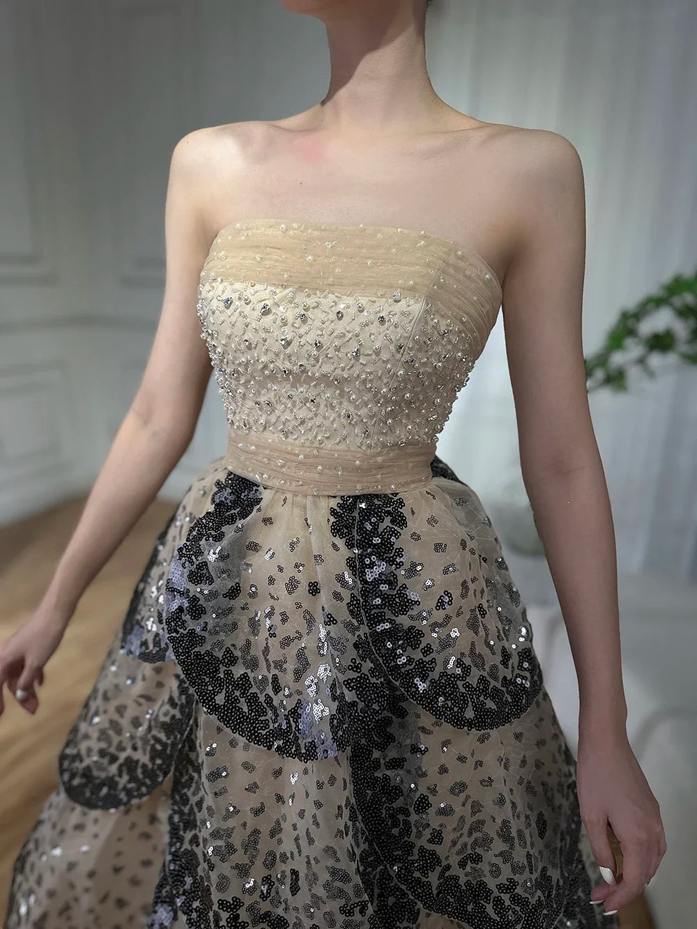 Serene Hill Custom Black Strapless Sequined Evening Prom Dress For Women
