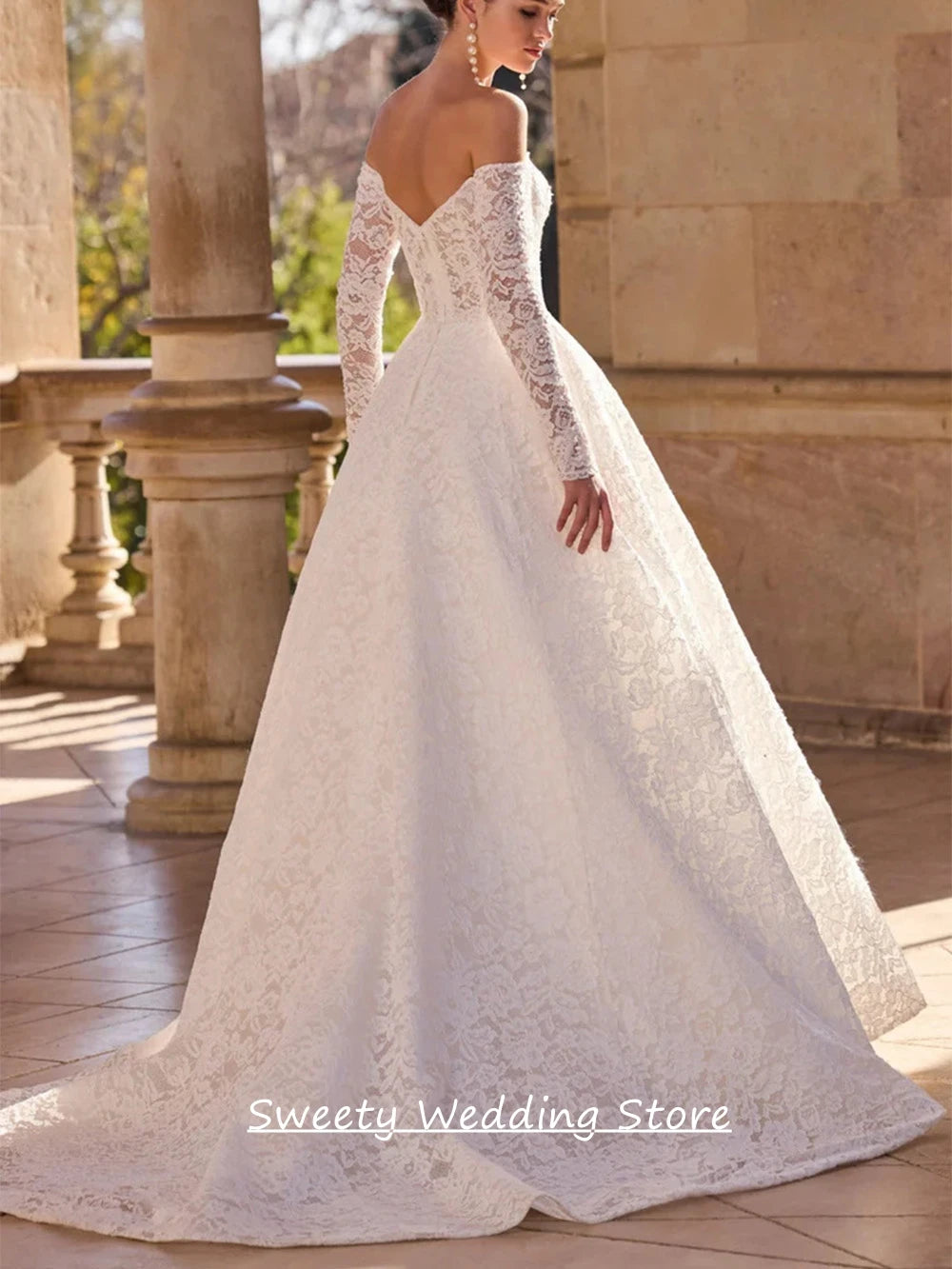 Custom Lace Wedding Dress Long Sleeve Sweetheart Beaded Sweep Train Gown