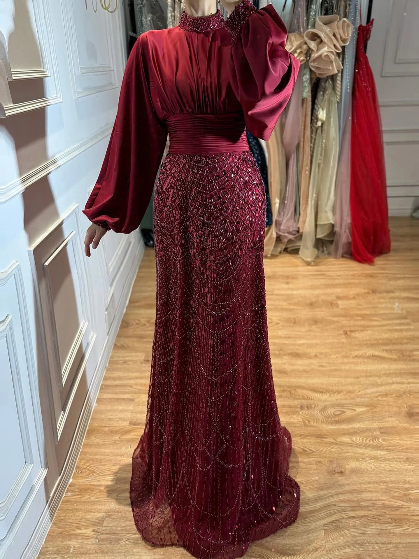 Serene Hill 2026 Elegant Mauve Muslim Evening Gowns Dubai High Neck Full Sleeve Formal Party Dress for Women DLA73676 Customized