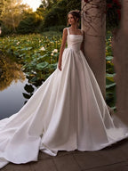 Custom Satin A Line Wedding Dress With Spaghetti Strap And Boat Neck
