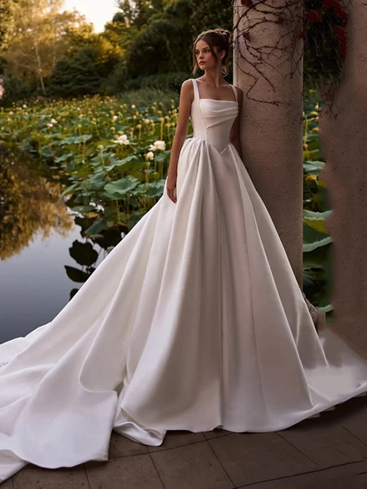 Custom Satin A Line Wedding Dress With Spaghetti Strap And Boat Neck