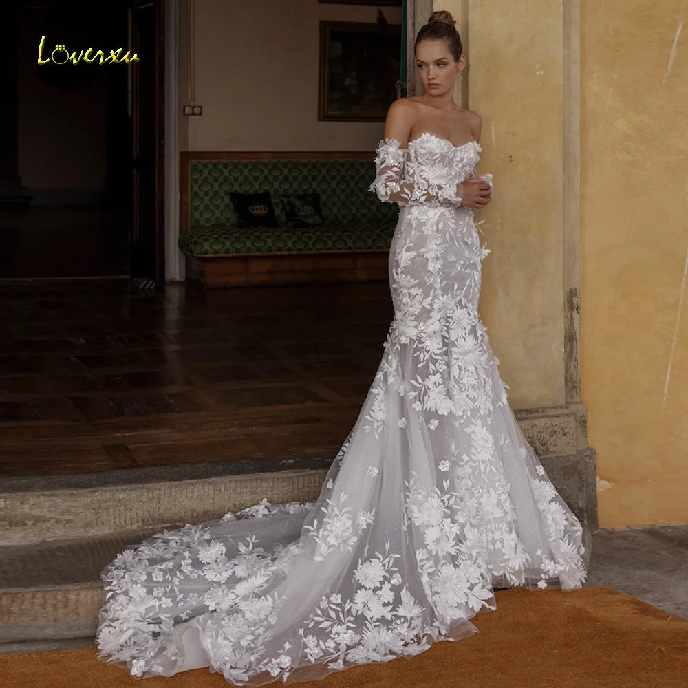 Custom Mermaid Wedding Dress Strapless Long Sleeve 3D Floral Bridal Gown