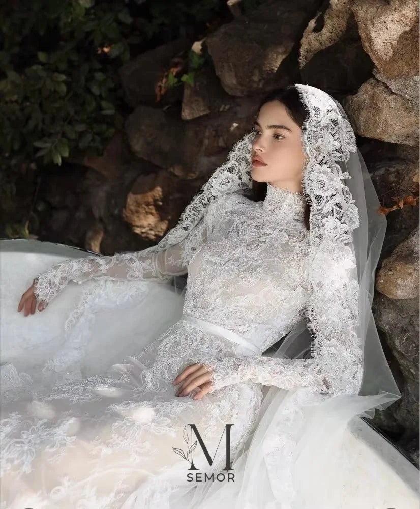 Custom Lace High Neck Long Sleeve Wedding Dress With Applique And Sweep Train