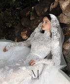 Custom Lace High Neck Long Sleeve Wedding Dress With Applique And Sweep Train