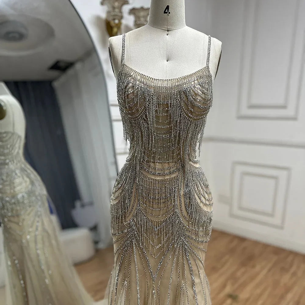 Serene Hill Silver Nude Spaghetti Strap Mermaid Evening Dress