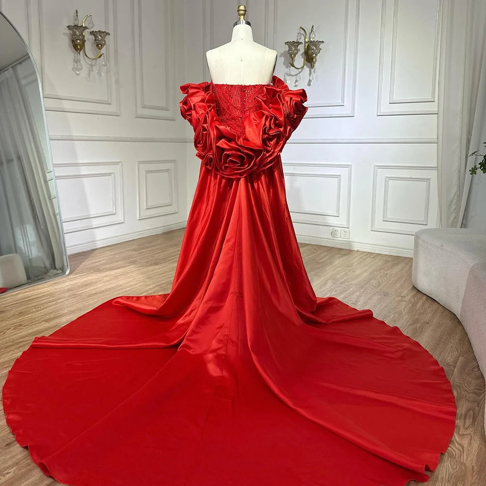 Custom Red Strapless Mermaid Wedding Gown With Pearl Beaded Cape Dress
