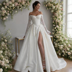 Custom Off Shoulder Satin A Line Wedding Gown Lace Up Back Side Slit