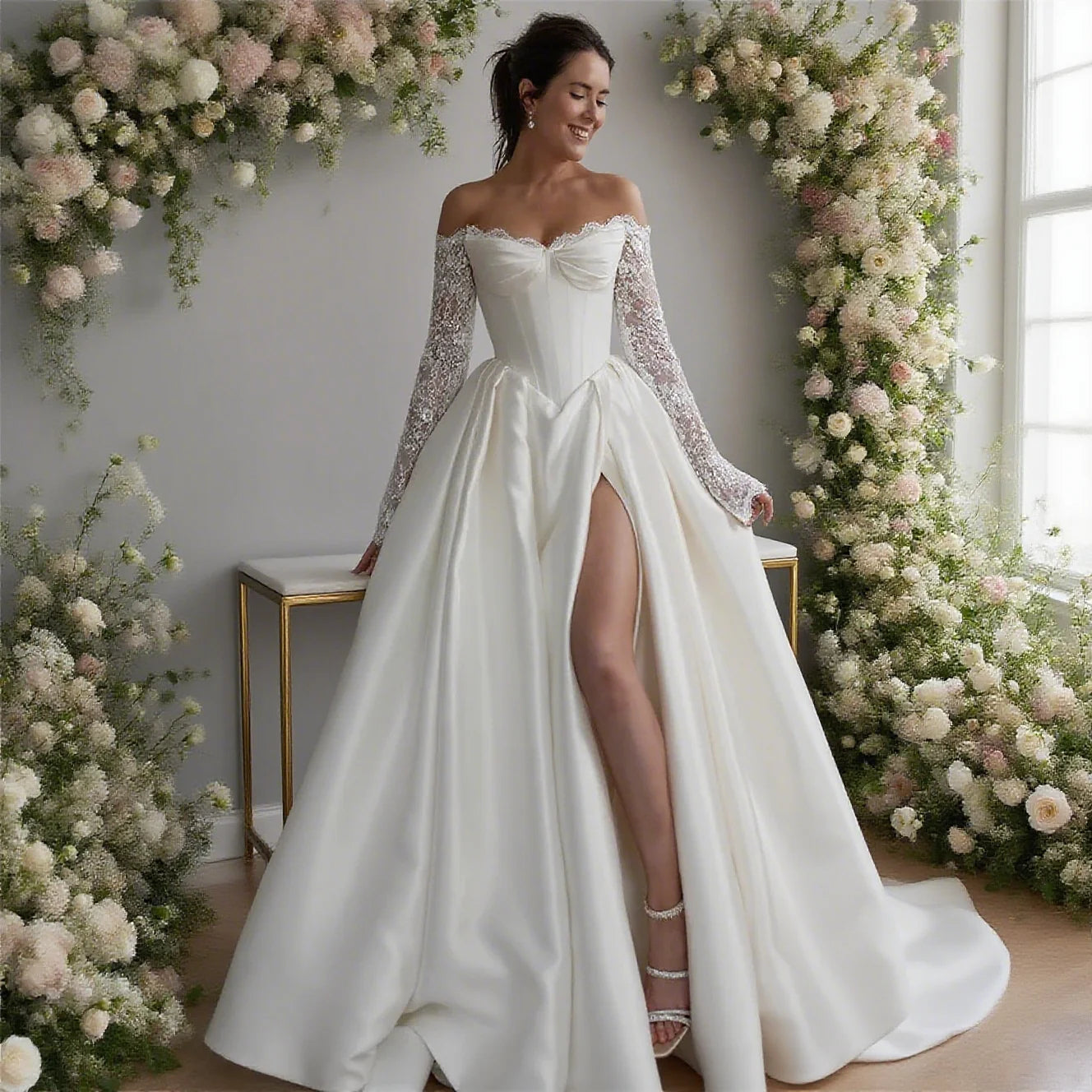 Custom Off Shoulder Satin A Line Wedding Gown Lace Up Back Side Slit