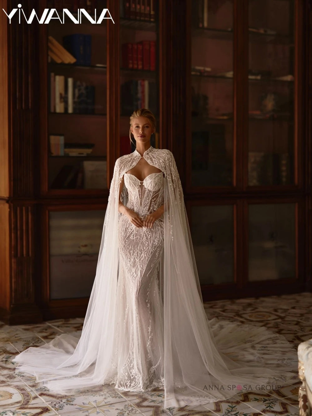 Luxury Beaded Lace Mermaid Wedding Dress With Cape And Illusion Neckline
