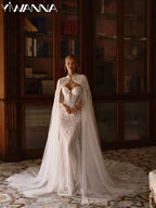 Luxury Beaded Lace Mermaid Wedding Dress With Cape And Illusion Neckline