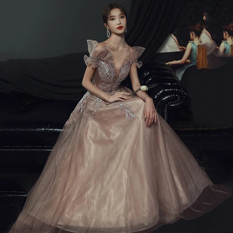Elegant Off Shoulder Mesh Cheongsam Formal Evening Party Applique Maxi Dress