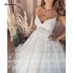 Custom Vintage Champagne Tulle A Line Wedding Dress Backless Lace V Neck