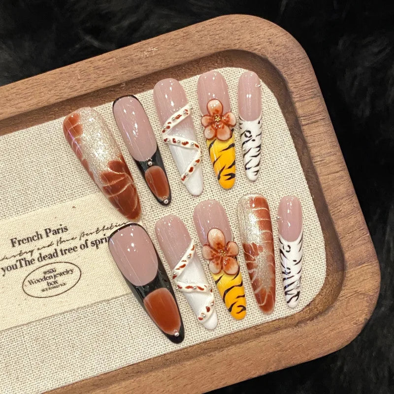 10 uñas postizas de verano hechas a mano con diseño de dopamina, talladas a mano en hielo, con diseño de nenúfar grande, uñas postizas francesas largas y almendradas de colores. 