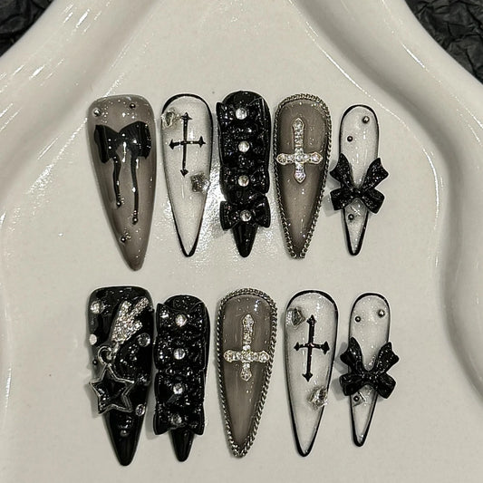 10 uñas postizas hechas a mano, color negro oscuro, largas, con lazo 3D y decoración de diamantes de imitación, manicura genial para mujer. 