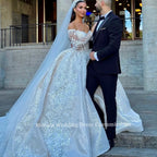 Custom High Collar Wedding Dress Featuring Beaded Applique Long Sleeves