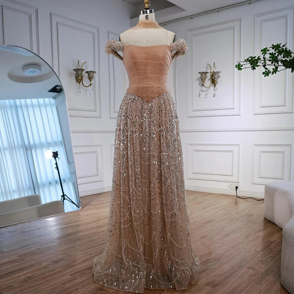 Vestido de Noite de Luxo com Pérolas Cor-de-Rosa Árabes Engastadas e Capa LA72922