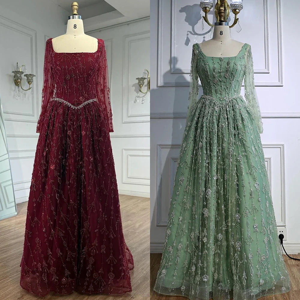 Luxury Sage Green Beaded Evening Dress with Long Sleeves LA72805B