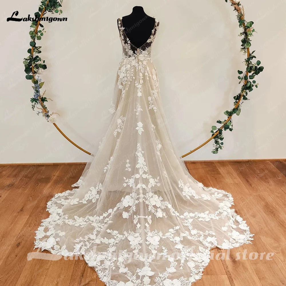 Luxury A Line Wedding Dress With Floral Appliques V Neck And Backless Style
