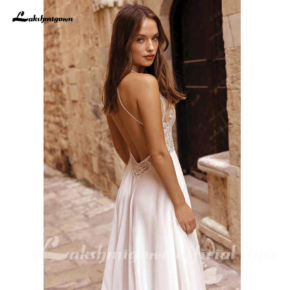 Halter Neck Lace Chiffon Boho Split Side Backless Wedding Dress