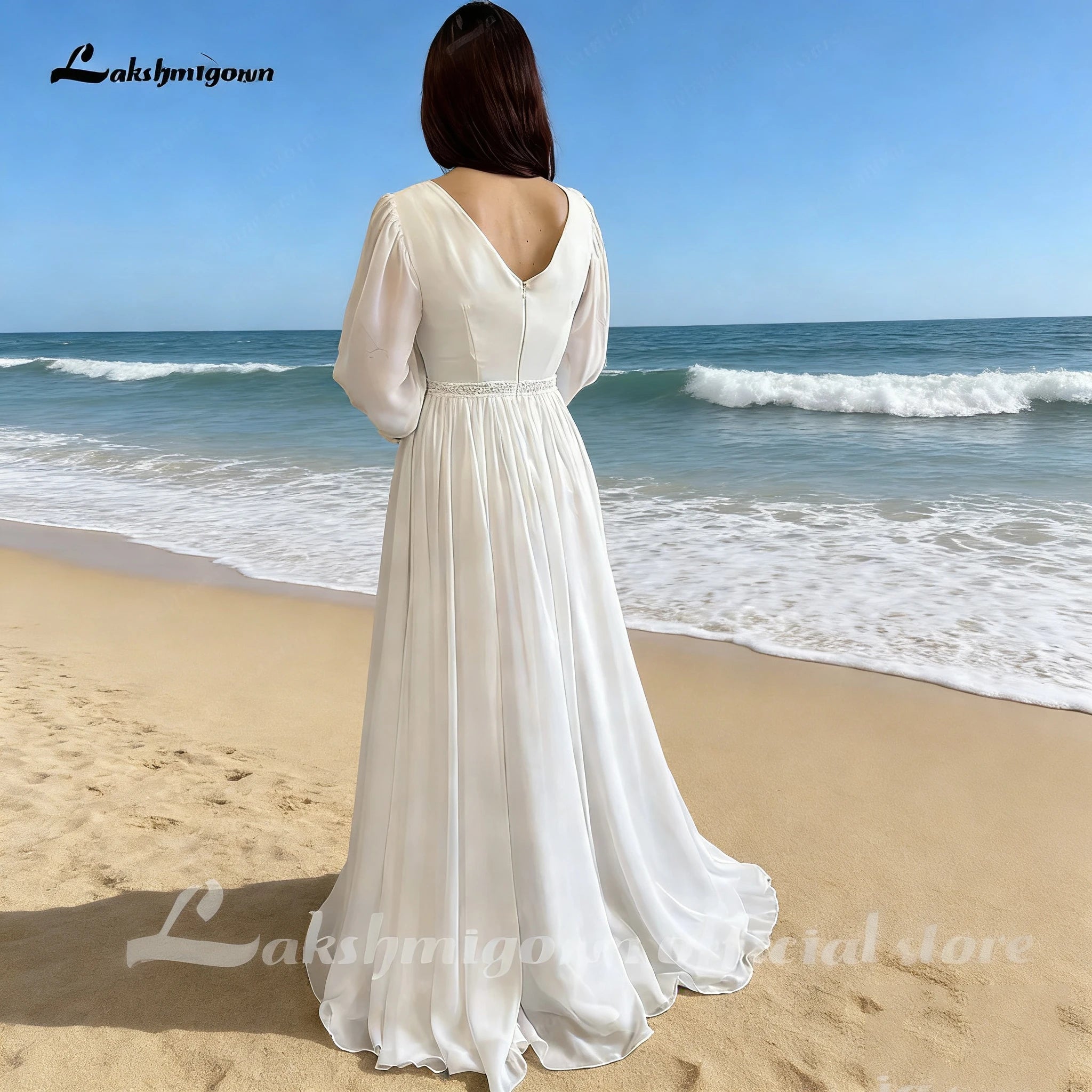 Beach Wedding Dress Summer Puff Sleeves V Neck Split Train Custom Bride Gown