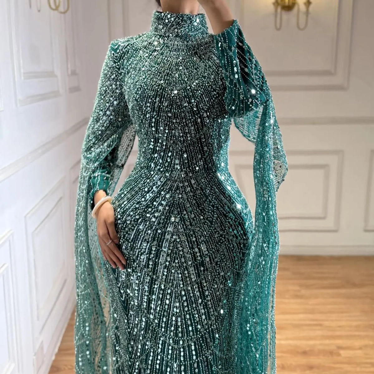 Custom White High Neck Long Sleeve Mermaid Evening Party Dress
