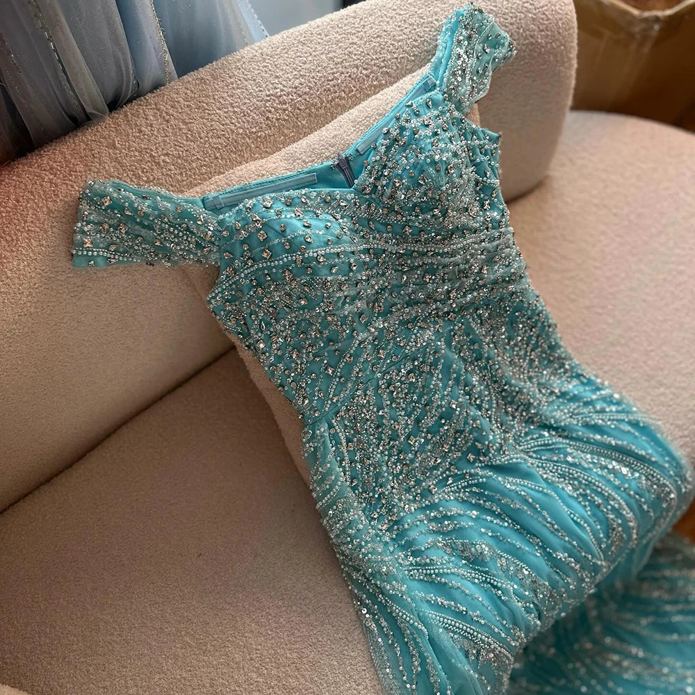 Light Blue Off Shoulder Mermaid Evening Dress Custom Beaded Party Gown Women