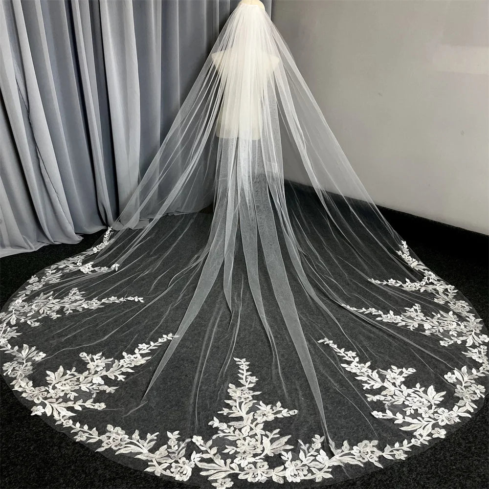 Cathedral Lace Applique Bridal Wedding Veil White Ivory 3m Long One Layer