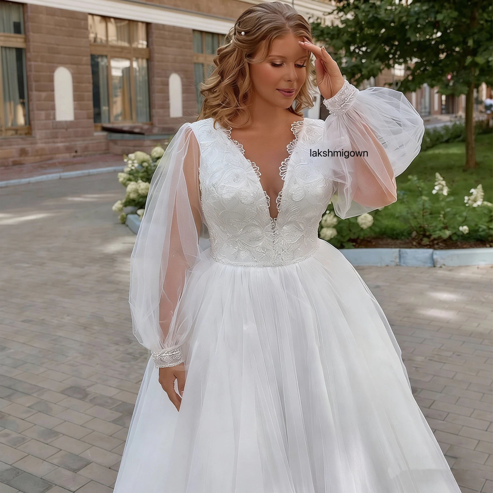 Lakshmigown Plus Size A Line Tulle Wedding Dress With Puff Sleeves V Neck