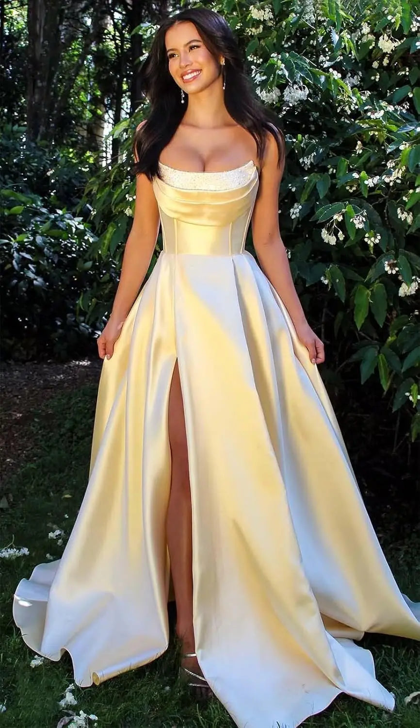 Vestidos de fiesta de corsé sin tirantes para mujer con abertura, vestidos largos formales de satén con bolsillos, elegante vestido de fiesta sin mangas