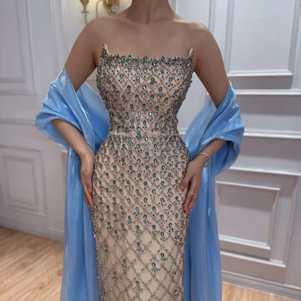 Luxury Blue Beaded Mermaid Evening Gown Custom Formal Women Party Dress