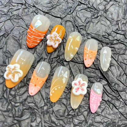 10 uñas postizas francesas hechas a mano, pintadas con almendras y flores 3D, decoración a presión, color naranja, para manicura de verano. 
