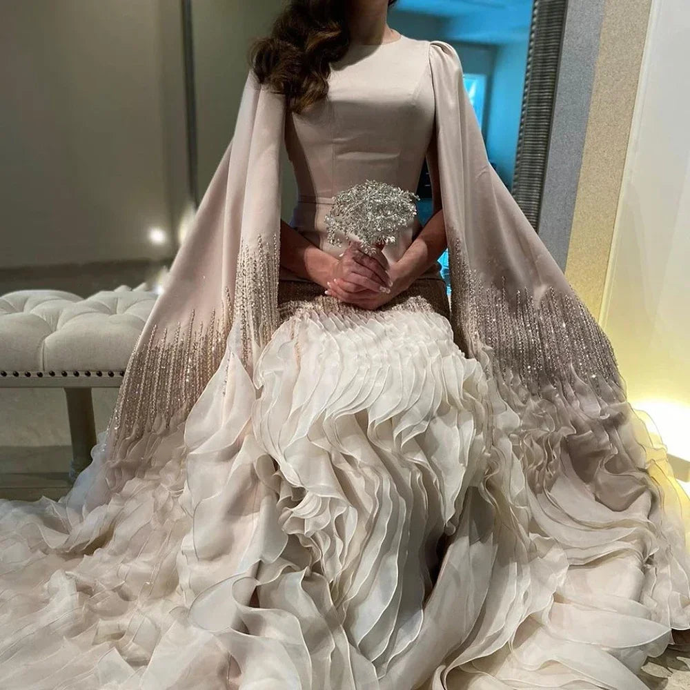 Champagne Mermaid Cape Sleeves Beaded Satin Evening Gown For Party Custom